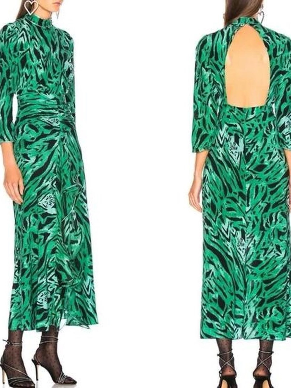 RIXO Emerald Green Patterned Open-Back Maxi Dress